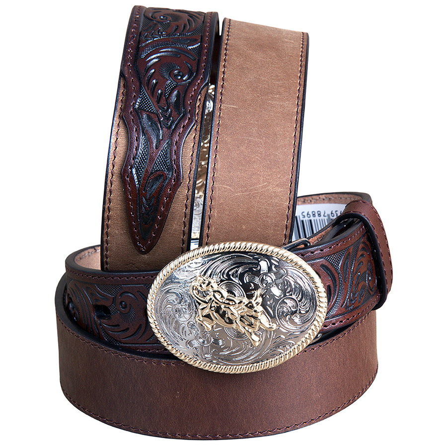 22 Inch 3D Dark Brown Leather Floral Boys Youth Cowboy Basic Belt - Uhorse