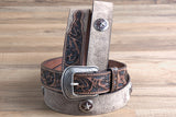 42 Inch 3D Mens Floral Western Roughout Leather Cowboy Fashion Belt