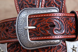32 Inch 3D Cognac Brown Floral Leather Mens Cowboy Fashion Belt