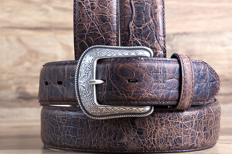 M&F Western Rustic Brown Elephant Print Leather Belt 1.5" Engraved Silver Buckle