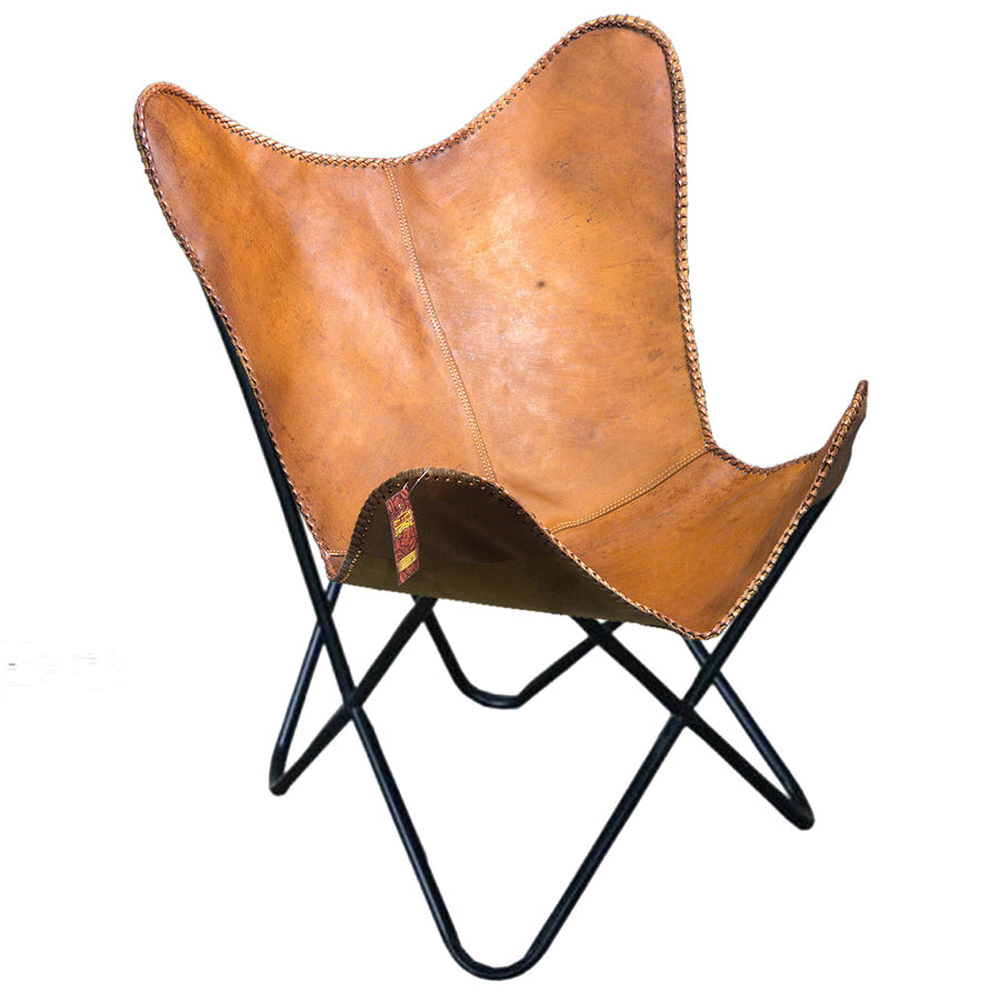 Genuine Leather Butterfly Chair Folding Lounge Modern Sling Accent Seat - Uhorse