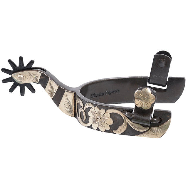 Black and silver leather western spur with floral tooling - Uhorse