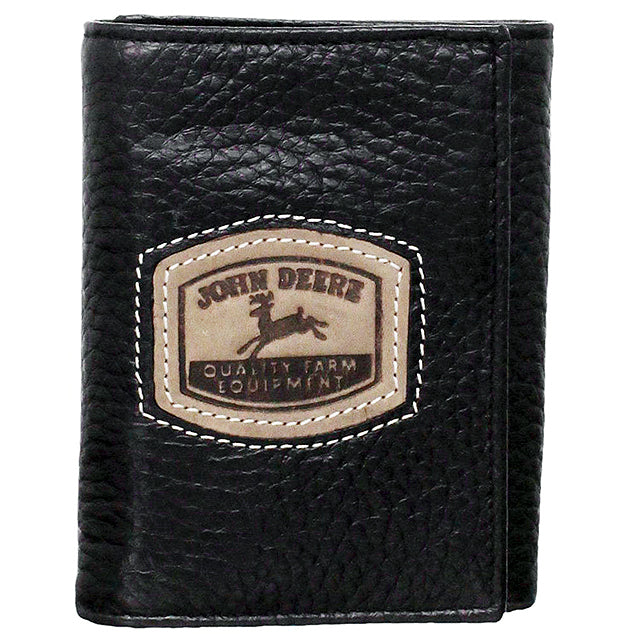John Deere Pebble Leather Tri Fold Wallet with Historical Embossed Logo Black - Uhorse