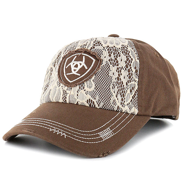Ariat Womens Adjustable Logo & Lace Overlay Cotton Baseball Cap Brown by Hilason – Cowboy and equestrian accessories