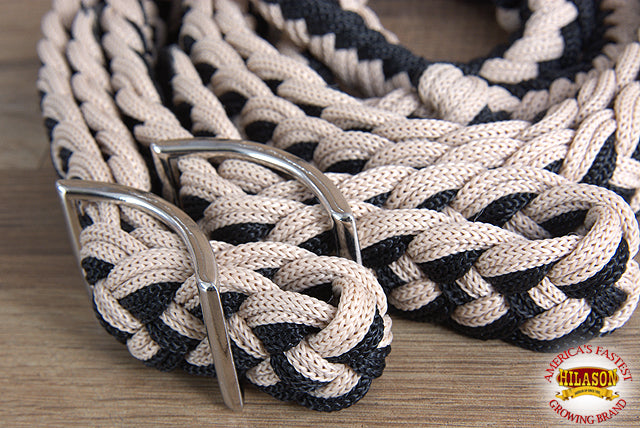 Hilason Braided Poly Barrel Racing Contest Flat Reins 1" X 8Ft Tan Black