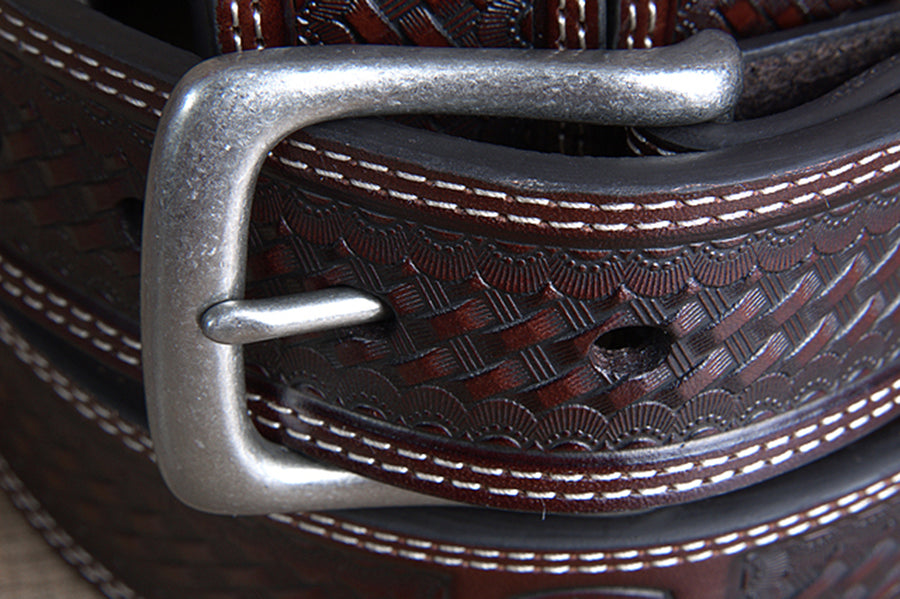 John Deere Brown Basket Weave Genuine Leather Belt for Men Durable Nickel Buckle