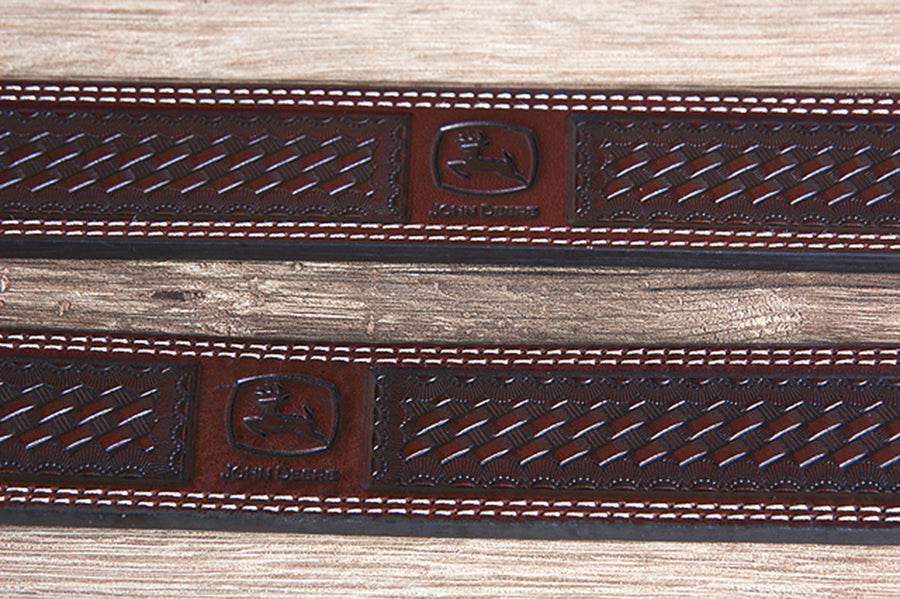 John Deere Brown Basket Weave Genuine Leather Belt for Men Durable Nickel Buckle