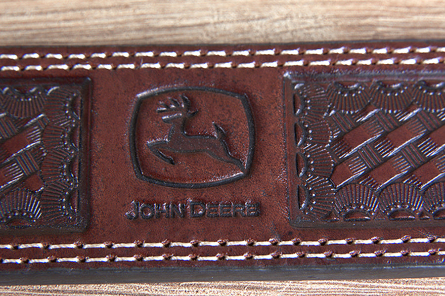 John Deere Brown Basket Weave Genuine Leather Belt for Men Durable Nickel Buckle