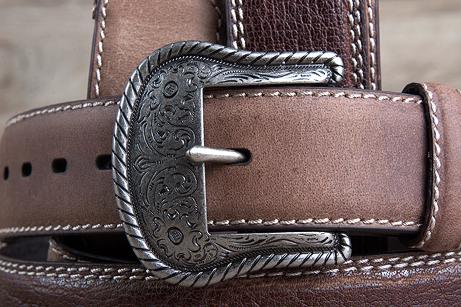 John Deere Men's Crazy Horse Leather Cowboy Belt  Silver Floral Engraved Buckle