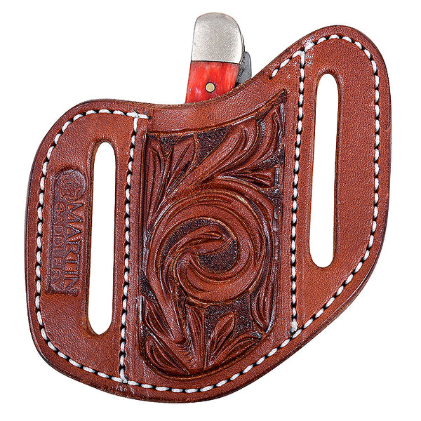 Brown leather knife sheath with tooled design and white stitching - Uhorse