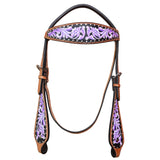 HILASON Western Horse Genuine American Leather Headstall & Breast Collar Set Floral Printed Purple
