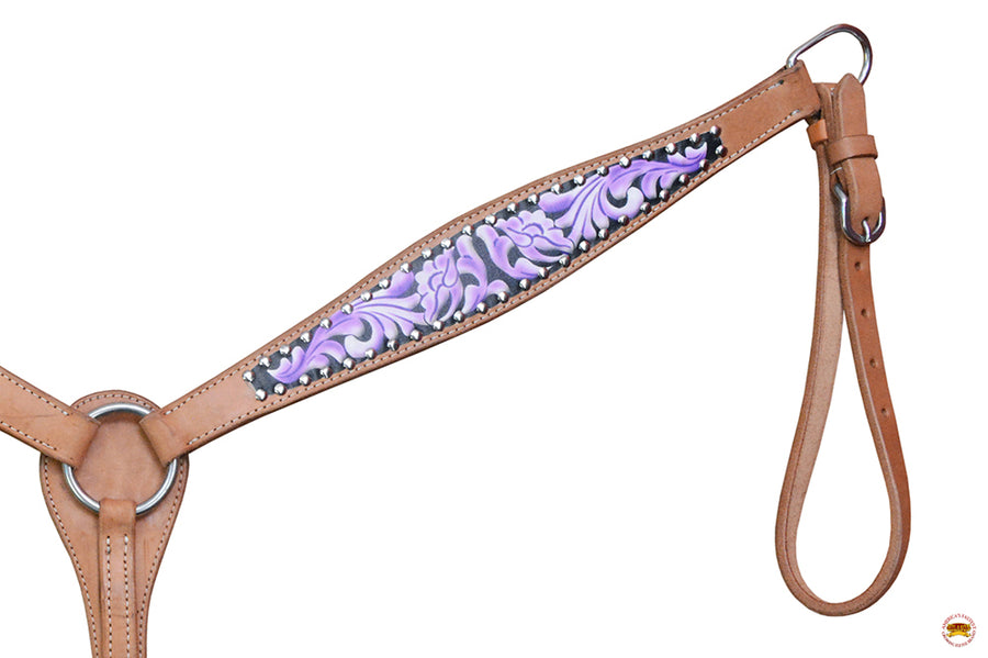 HILASON Western Horse Genuine Leather Headstall Breast Collar Floral Printed Tan