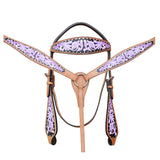 HILASON Western Horse Genuine American Leather Headstall & Breast Collar Set Floral Printed Purple