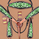 HILASON Western Horse Headstall Breast Collar Set American Leather Green | Leather Headstall | Leather Breast Collar | Tack Set for Horses | Horse Tack Set