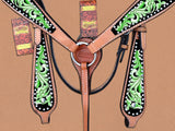 HILASON Western Horse Headstall Breast Collar Set American Leather Green | Leather Headstall | Leather Breast Collar | Tack Set for Horses | Horse Tack Set