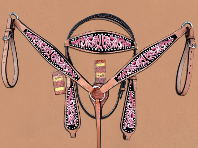 Hilason Western Horse Headstall Breast Collar Set American Leather Pink