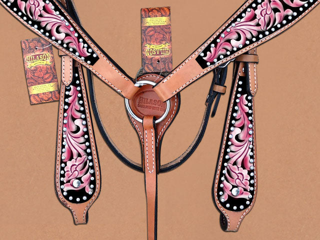 Hilason Western Horse Headstall Breast Collar Set American Leather Pink