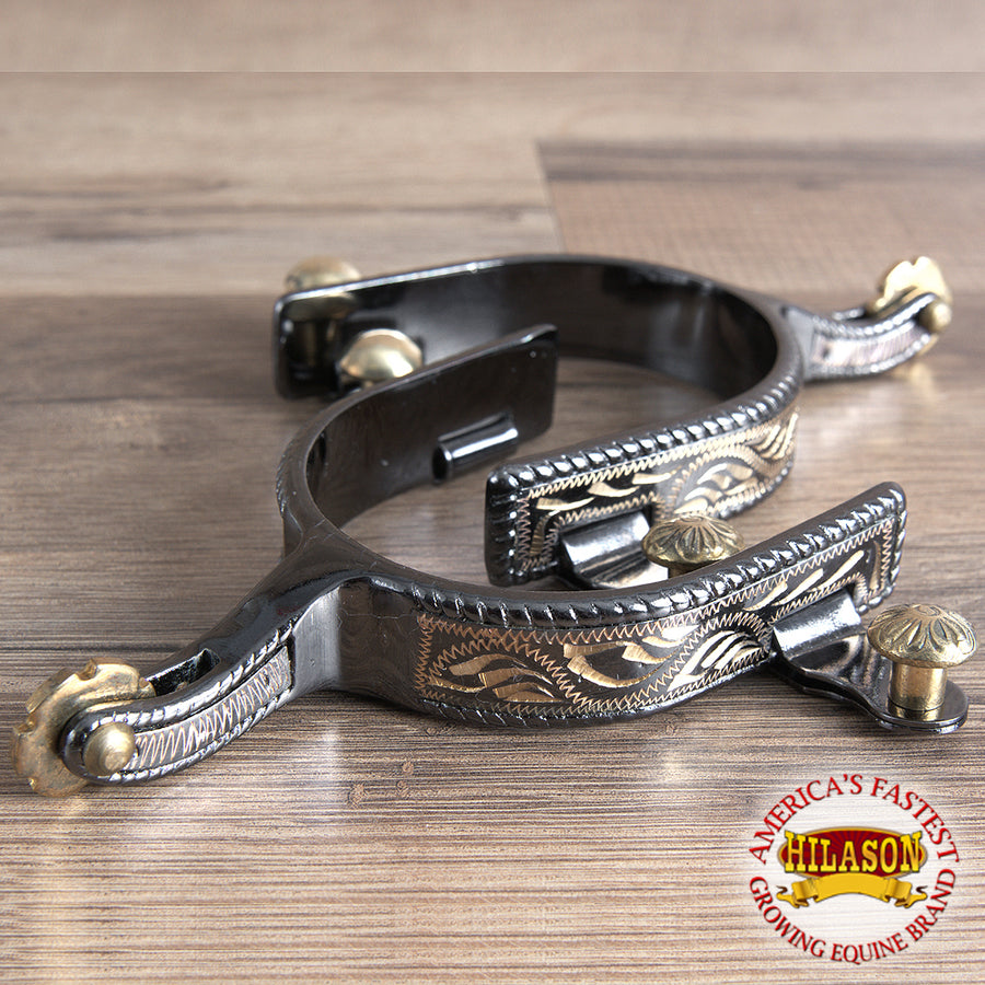 Midnight Silver Engraved Band Ladies Spurs W/ And Rosebud Rowel – by Hilason – Cowboy and equestrian accessories