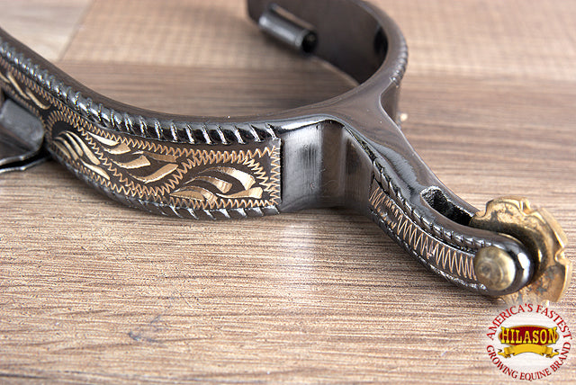 Midnight Silver Engraved Band Ladies Spurs W/ And Rosebud Rowel