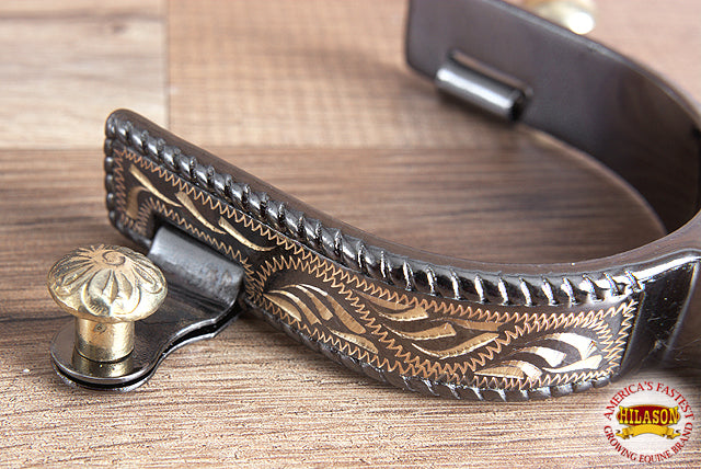 Midnight Silver Engraved Band Ladies Spurs W/ And Rosebud Rowel