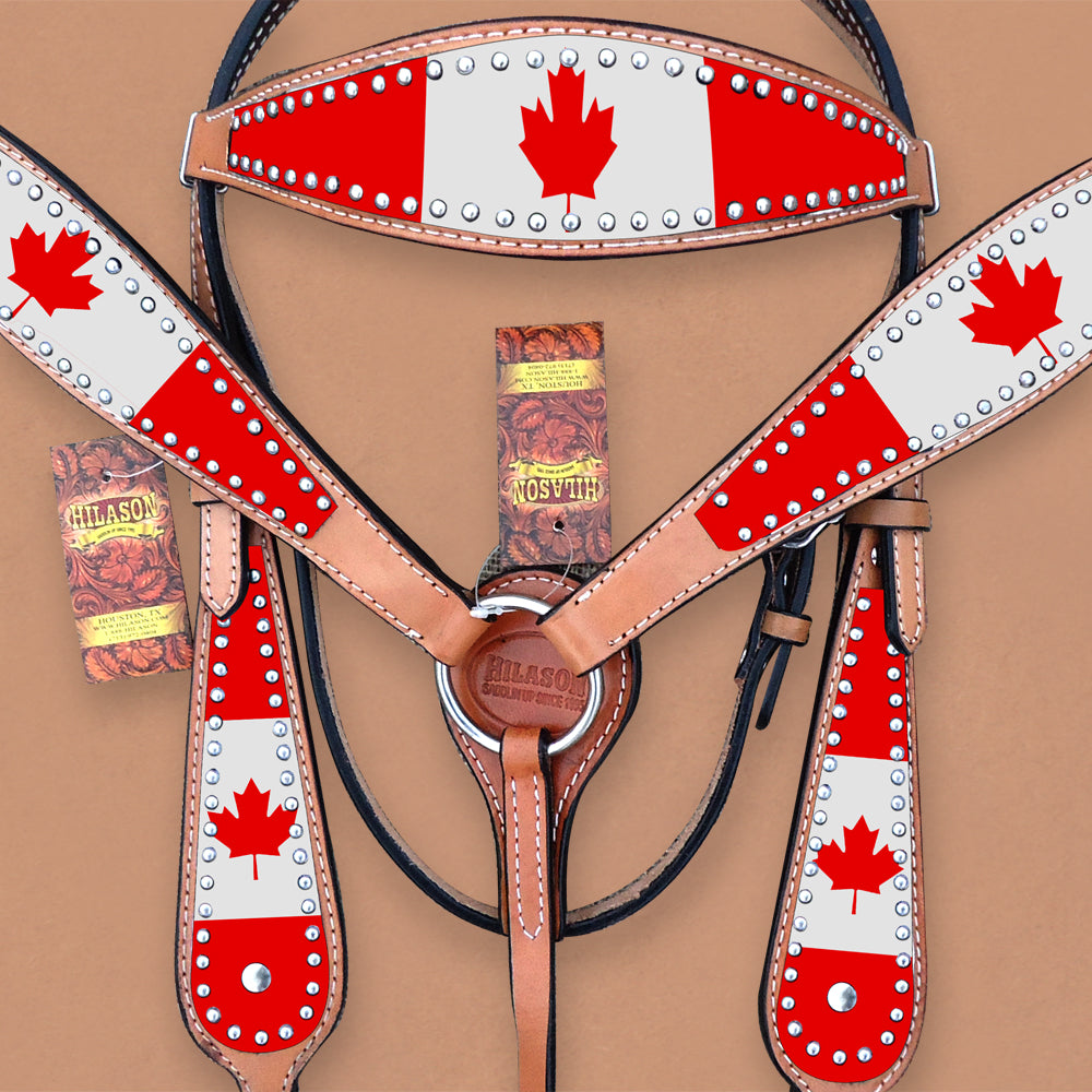 Hilason Western Horse Headstall Bridle American Leather Canadian Flag