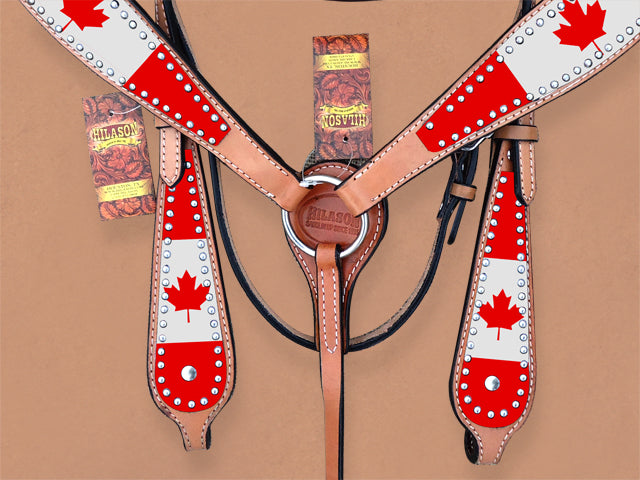 Hilason Western Horse Headstall Bridle American Leather Canadian Flag