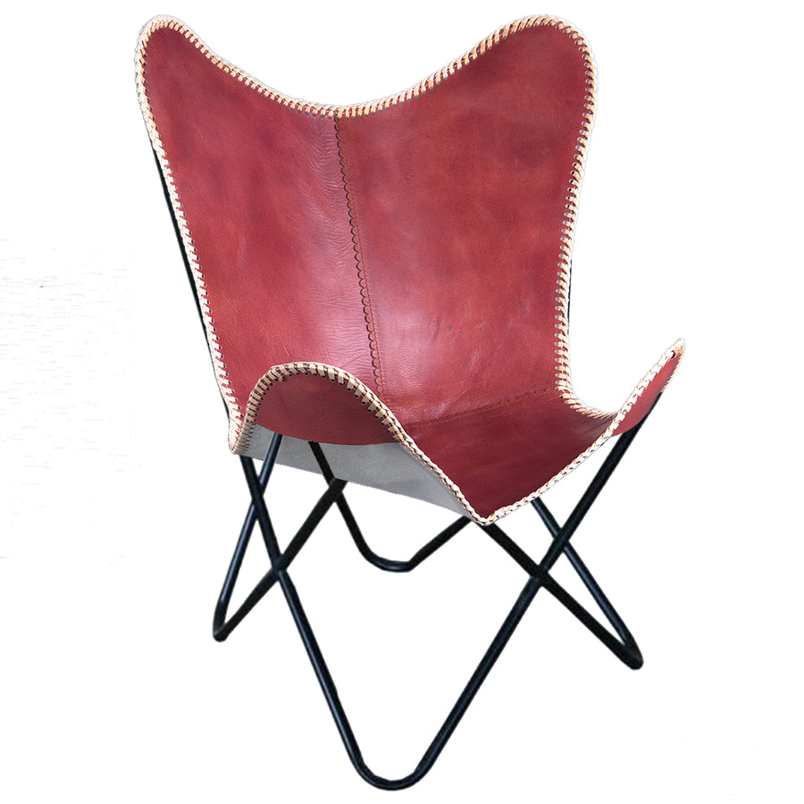Red leather butterfly chair with whipstitched edges - Uhorse