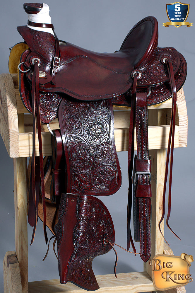 HILASON Western Horse Wade Saddle American Leather Ranch Roping Mahogany | Hand Tooled & For Horses