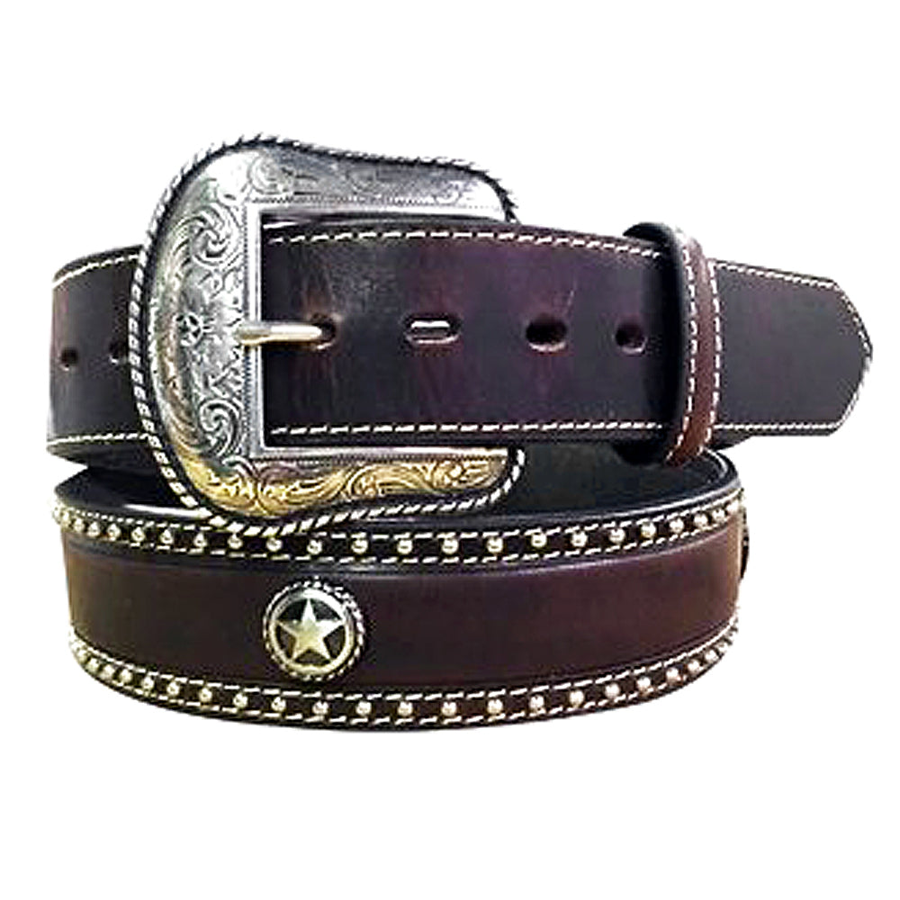 44" Roper Mens Leather Belt Star Concho Engraved Buckle Brown