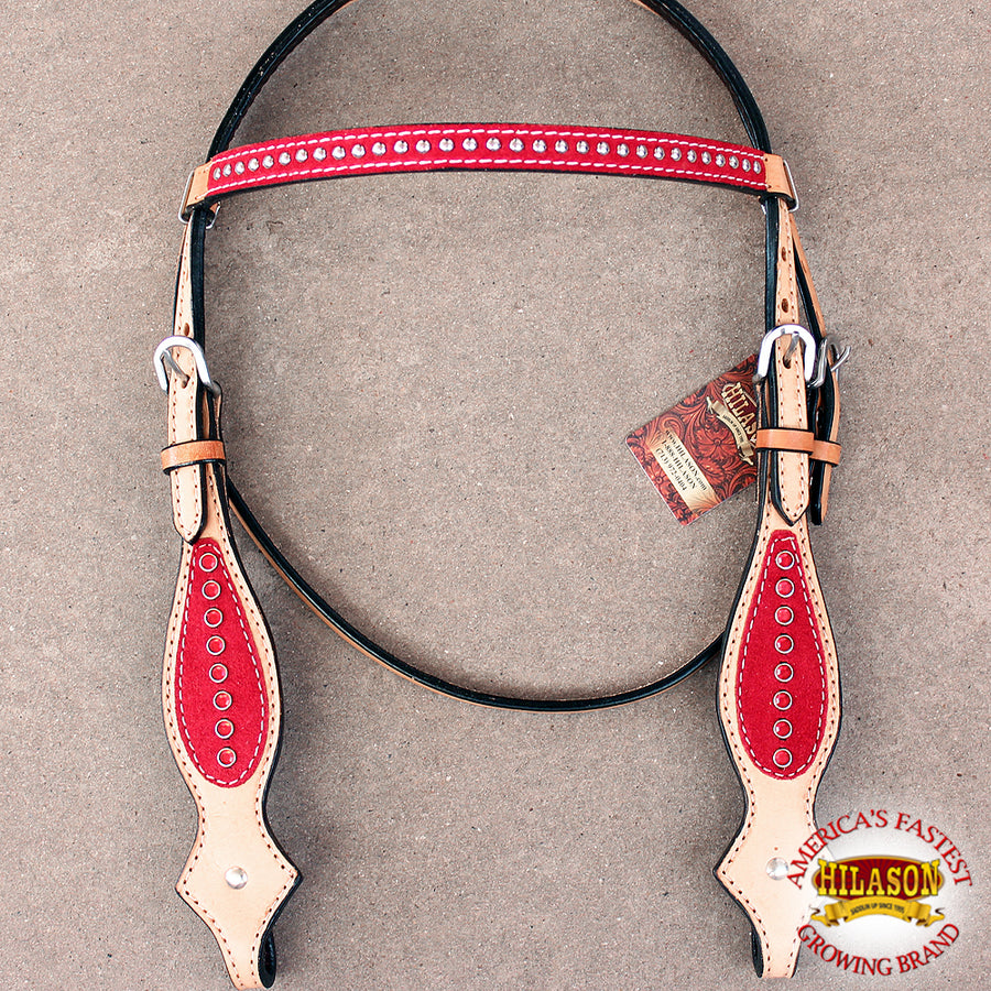 Western Horse Headstall Tack Bridle American Leather Red Crystal Hilason - Uhorse