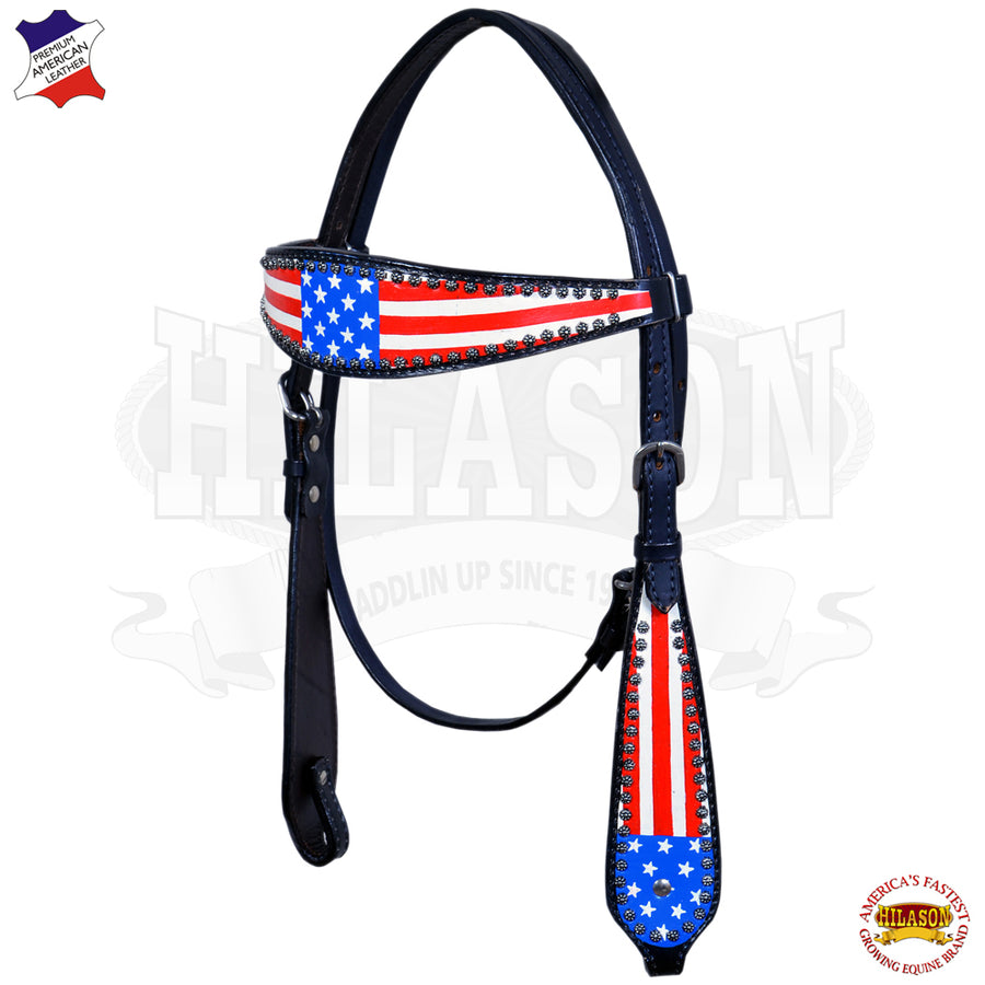 Western Headstall Horse Tack Leather Bridle Hand Paint Us Flag Hilason - Uhorse