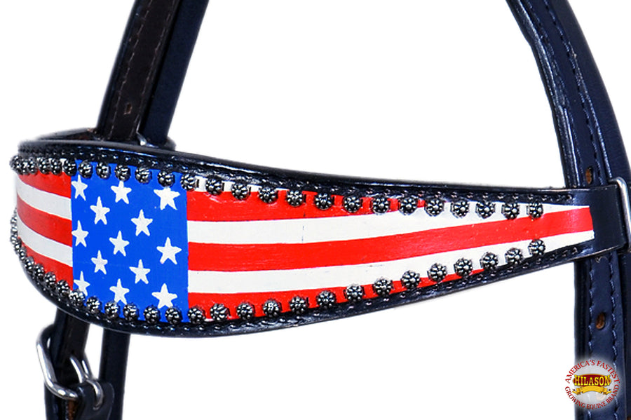 HILASON Western Headstall Horse Tack Leather Bridle Hand Paint Us Flag | for Horses Headstalls