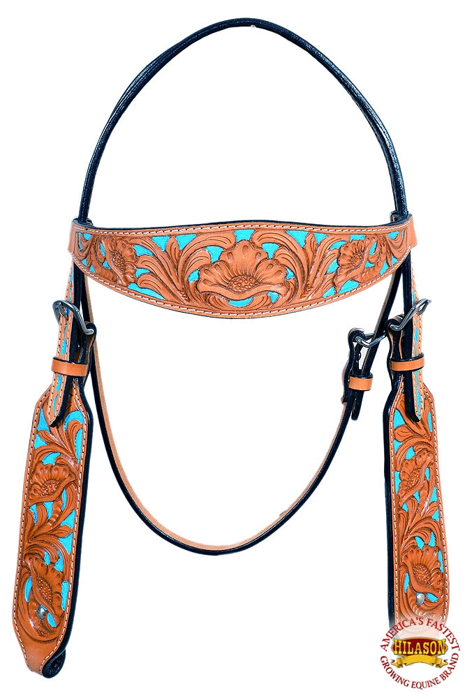 HILASON Western Horse Genuine Leather Headstall Tan and Sky Blue Inlay | for Horses Headstalls