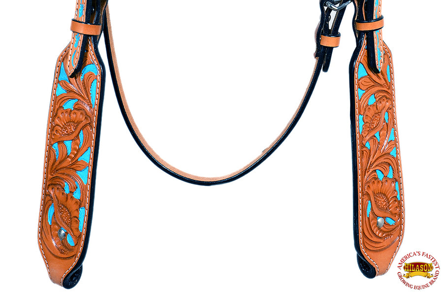 HILASON Western Horse Genuine Leather Headstall Tan and Sky Blue Inlay | for Horses Headstalls
