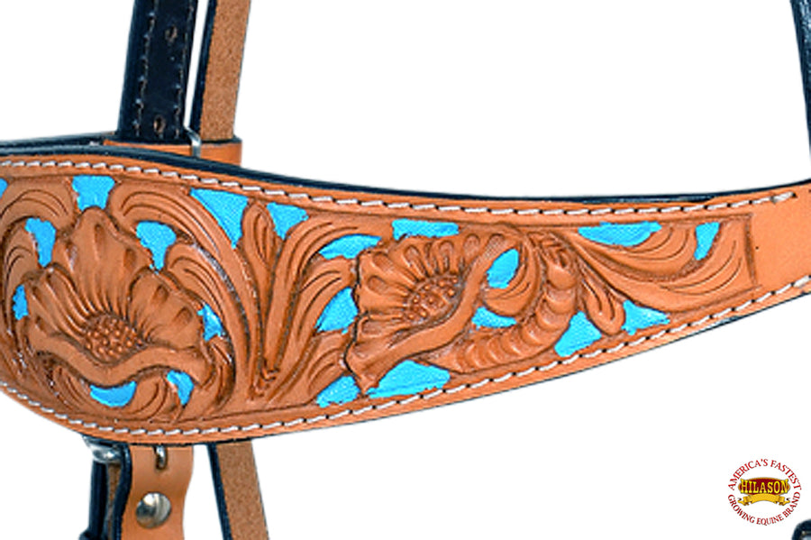 HILASON Western Horse Genuine Leather Headstall Tan and Sky Blue Inlay | for Horses Headstalls