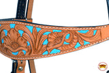 HILASON Western Horse Genuine Leather Headstall Tan & Sky Blue Inlay