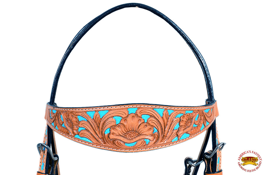 HILASON Western Horse Genuine Leather Headstall Tan and Sky Blue Inlay | for Horses Headstalls