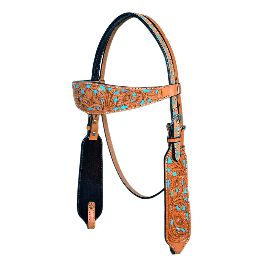 HILASON W. H. Genuine Leather Headstall Tan & Sky Blue Inlay by Hilason – Cowboy and equestrian accessories