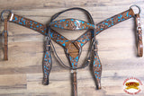 HILASON Western Horse Leather Headstall & Breast Collar Set Floral Brown Turquoise Inlay