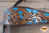 HILASON Western Horse Leather Headstall & Breast Collar Set Floral Brown Turquoise Inlay