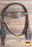 HILASON Western Horse Leather Headstall & Breast Collar Set Floral Brown Turquoise Inlay