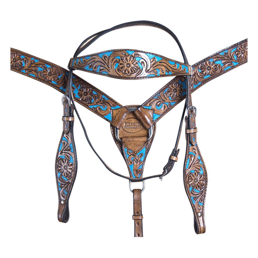 HILASON Roughout Dark Brown Western Horse Leather Headstall and Breast Collar Set Floral Brown - Turquoise Inlay - Uhorse