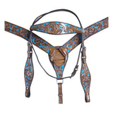 HILASON Roughout Dark Brown Western Horse Leather Headstall and Breast Collar Set Floral Brown - Turquoise Inlay - Uhorse