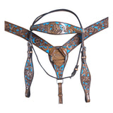 HILASON Western Horse Leather Headstall & Breast Collar Set Floral Brown Turquoise Inlay