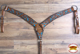 HILASON Western Horse Leather Headstall & Breast Collar Set Floral Brown Turquoise Inlay