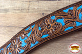 HILASON Western Horse Leather Headstall & Breast Collar Set Floral Brown Turquoise Inlay