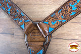 HILASON Western Horse Leather Headstall & Breast Collar Set Floral Brown Turquoise Inlay