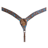 HILASON Western Horse Leather Headstall & Breast Collar Set Floral Brown Turquoise Inlay