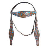 HILASON Western Horse Leather Headstall & Breast Collar Set Floral Brown Turquoise Inlay