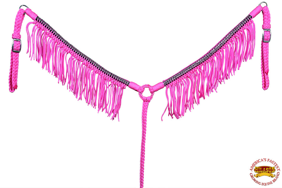 Pink nylon breast collar with fringe and matching lead rope - Uhorse
